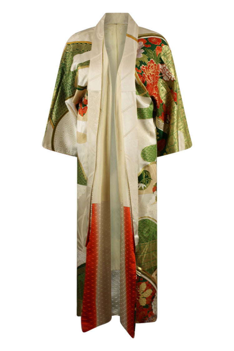 front view of vintage kimono in gold and green on small model