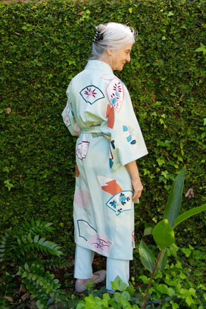 Pale turquoise silk kimono with fan design - Kiku 