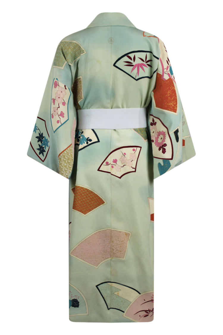 Beautiful pale blue vintage kimono with gold stenciled fans