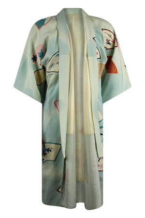 front view of large model in blue vintage kimono refashioned for today