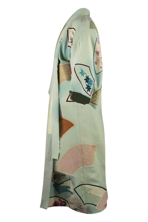 side view of blue silk elegant kimono upcycled for modern wear