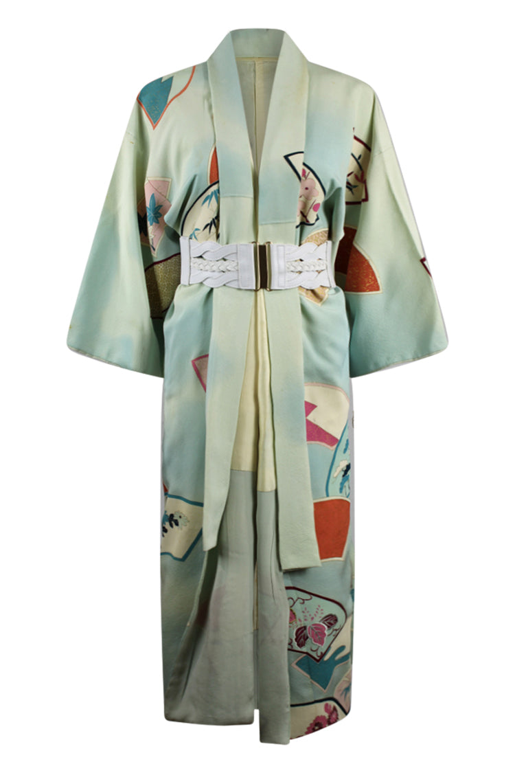 belted blue upcycled silk kimono