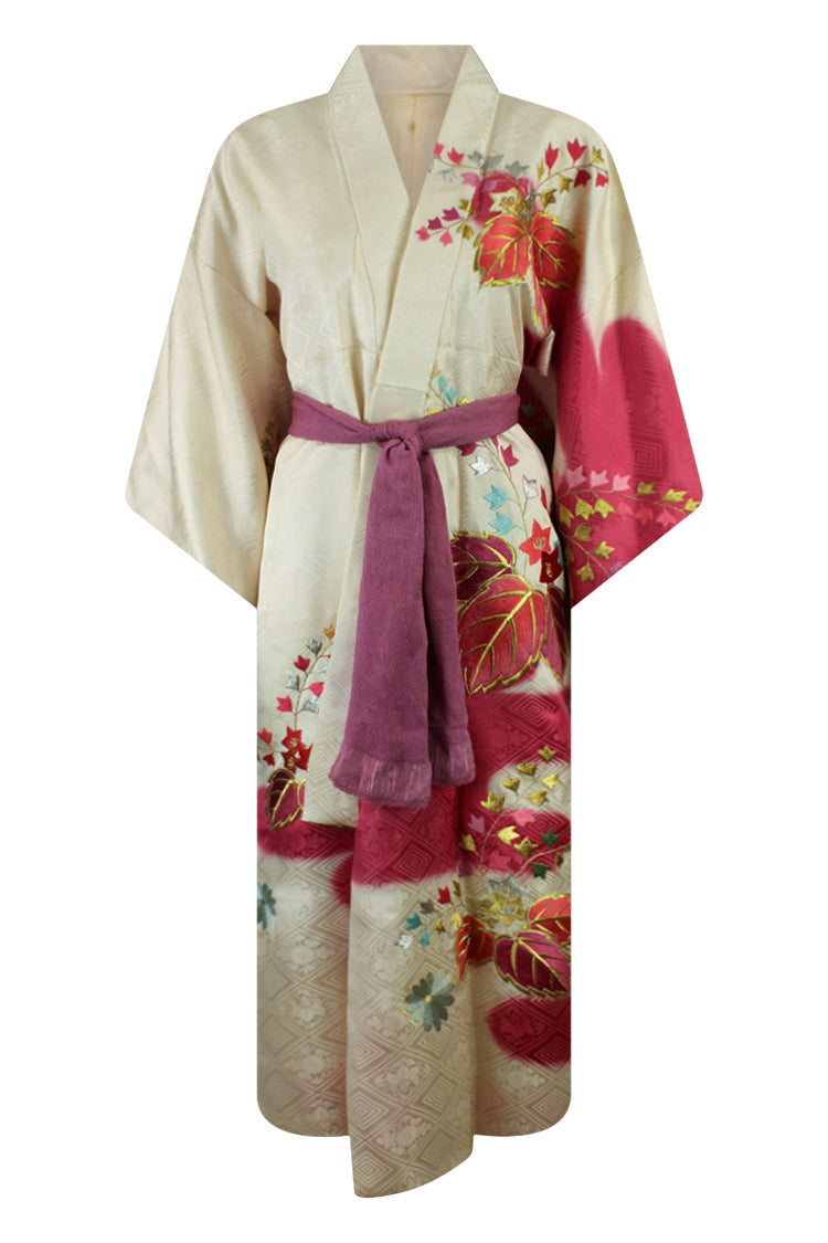 cream and rose vintage silk kimono with purple sash