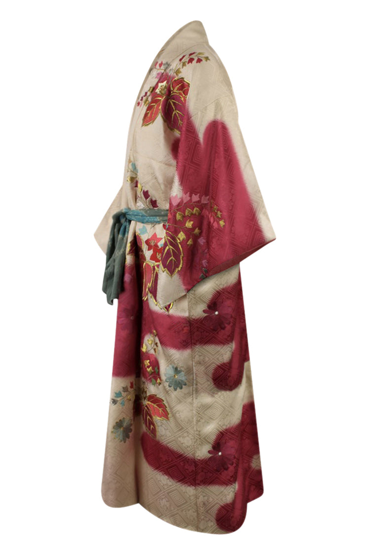 side view of rose and cream refashioned silk kimono