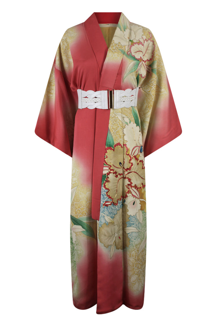 pink furisode with large gold rimmed iris - Kiku 