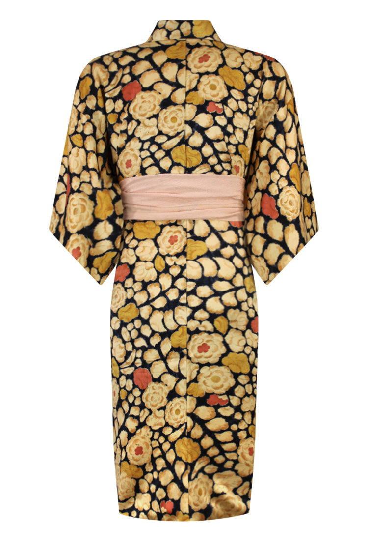 upcycled silk kimono with beige floral design