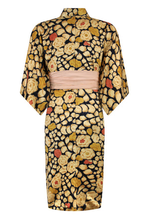 upcycled silk kimono with beige floral design