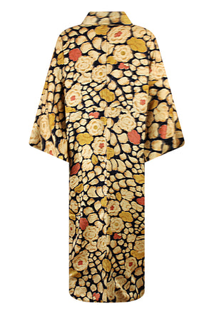 back view of navy and beige refashioned silk kimono