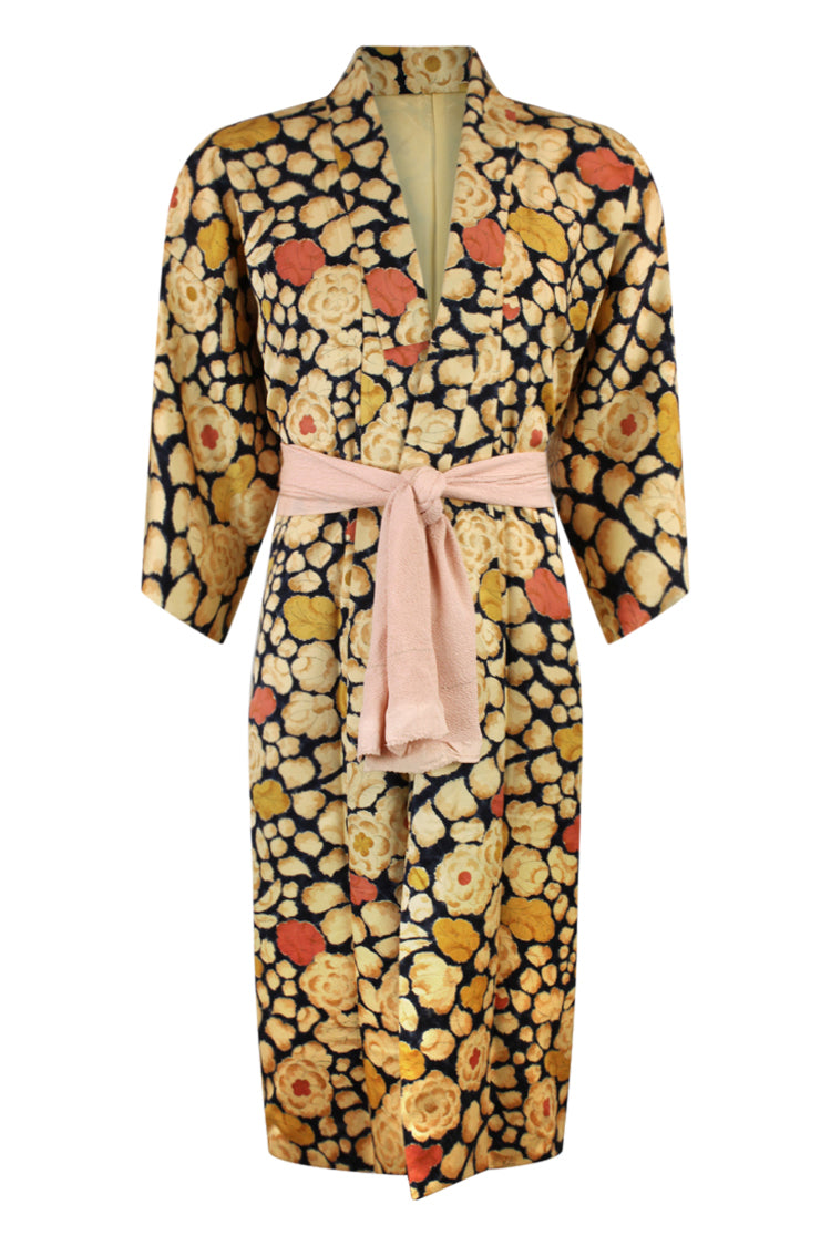 beige and navy silk vintage kimono with floral design