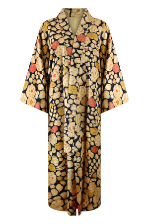 beige and navy silk vintage kimono with floral design