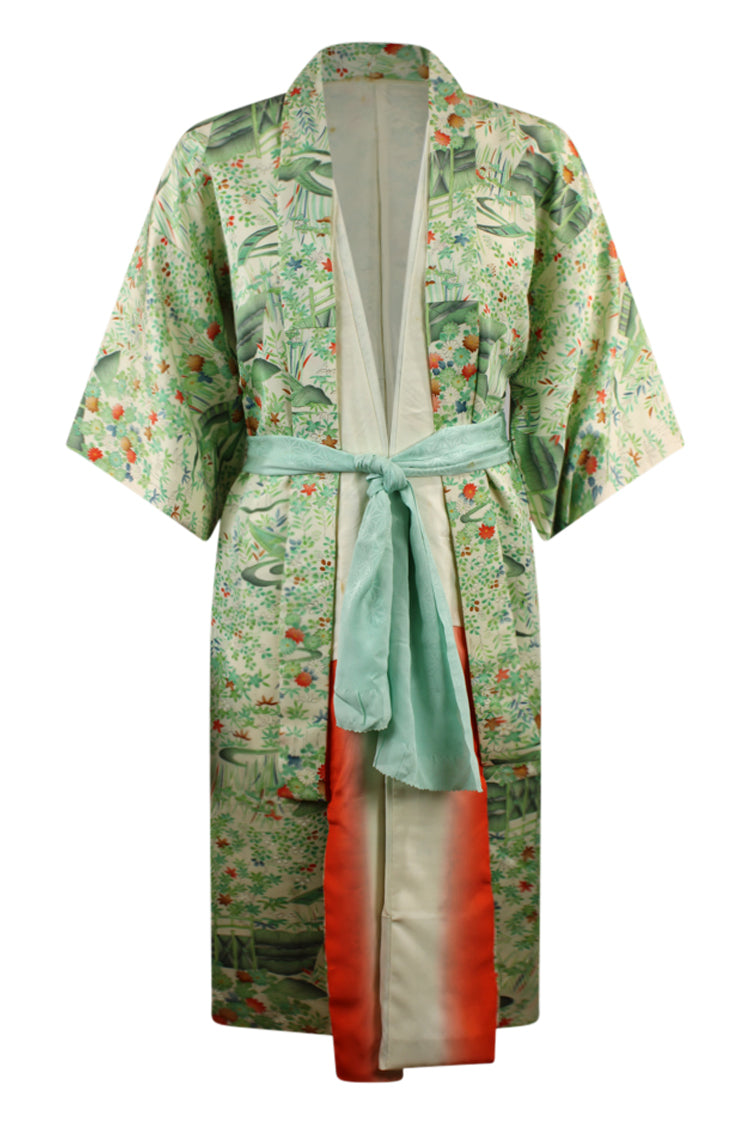 front view of green floral vintage kimono that has been updated