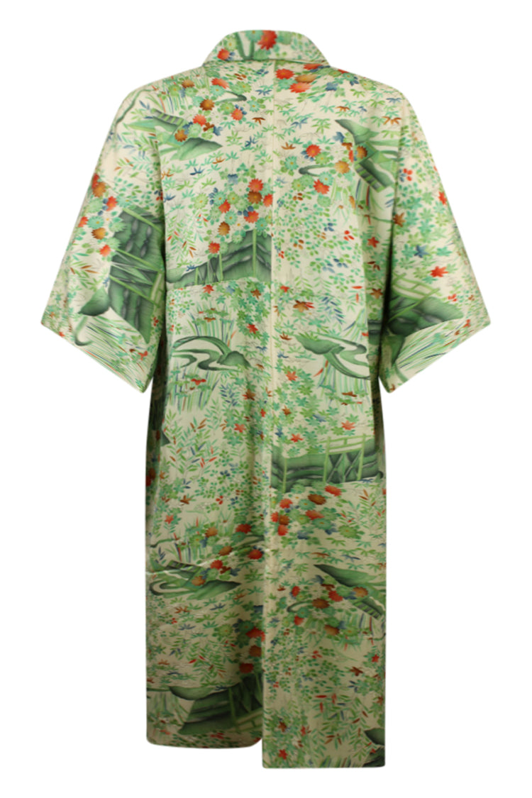 back view of refashioned green vintage kimono for ease of modern wear