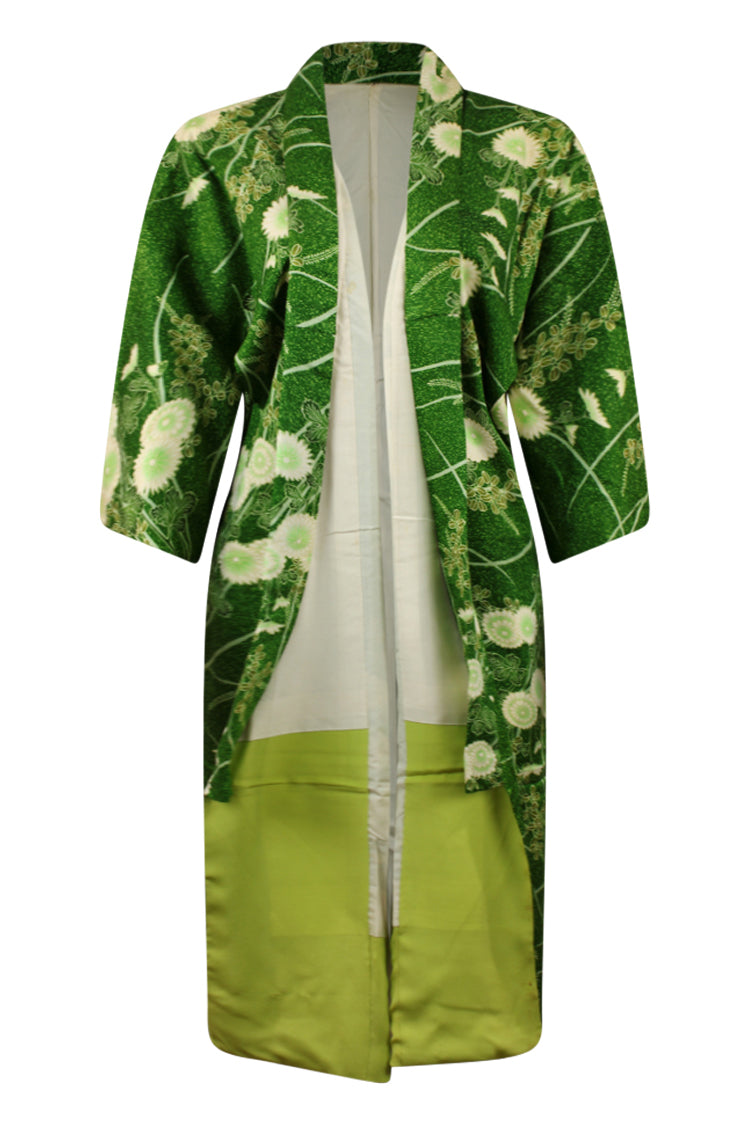Forest green floral print silk kimono - Kiku 
