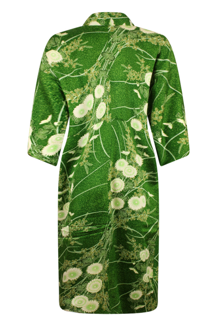 Forest green floral print silk kimono - Kiku 