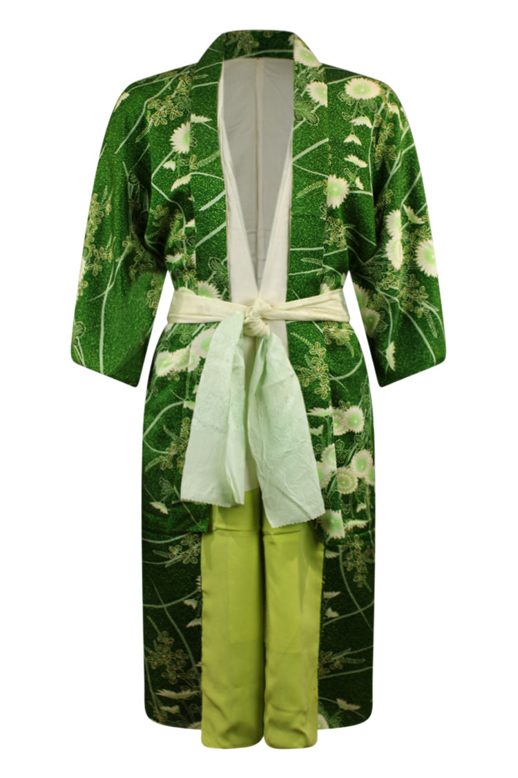 Forest green floral print silk kimono