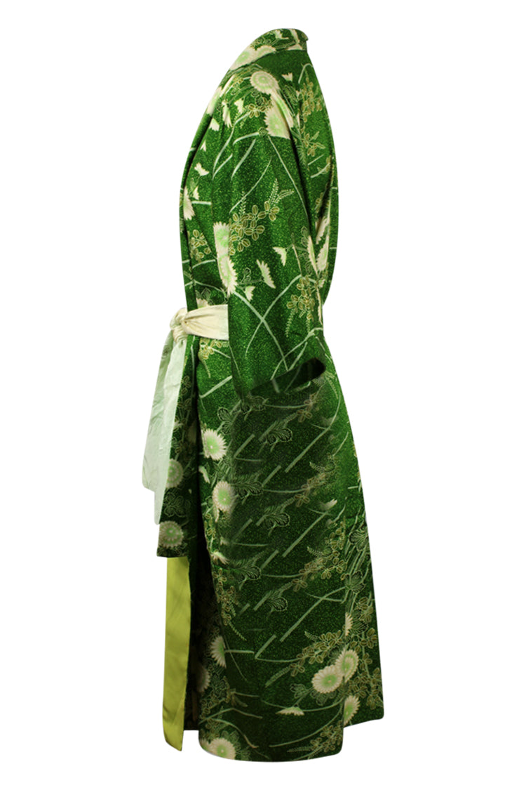 Forest green floral print silk kimono - Kiku 