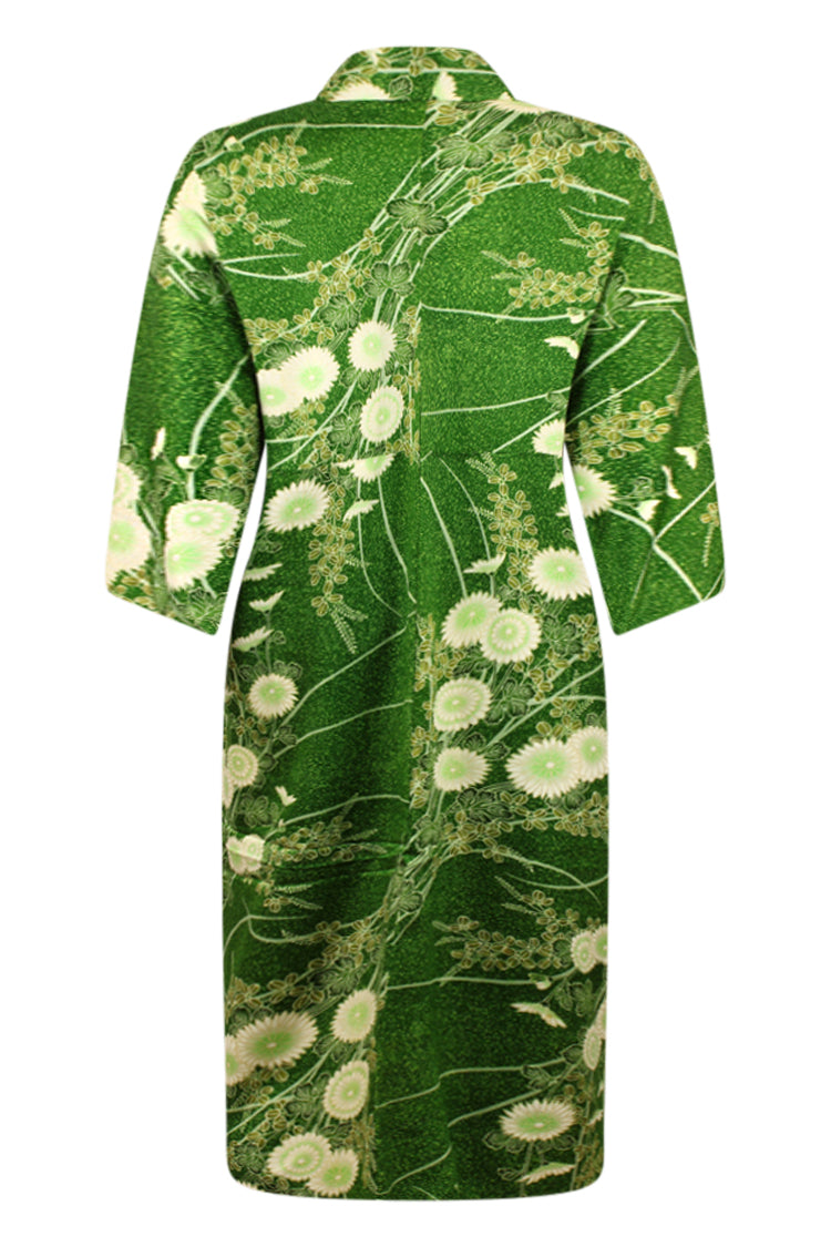 Forest green floral print silk kimono - Kiku 