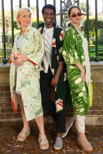 three models in colorful vintage kimono with refashioned sleeves and duster length