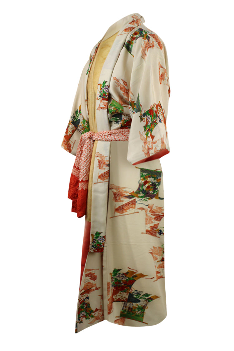 side view of refashioned vintage silk kimono decorated with traditional banners
