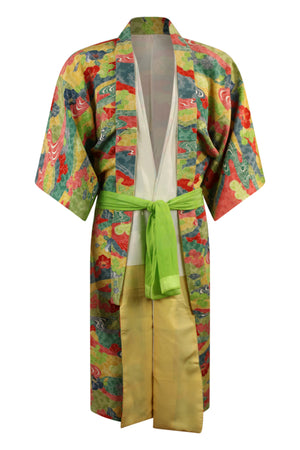 front view of one size fits most, gender fluid updated colorful silk kimono