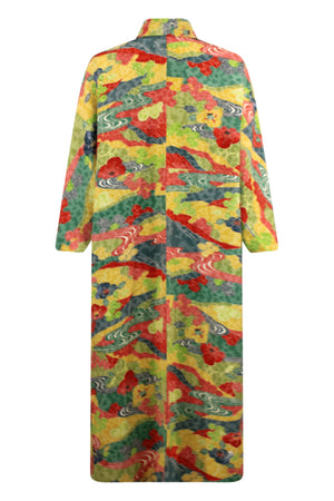 colorful refashioned vintage kimono in yellows, greens, reds and blue