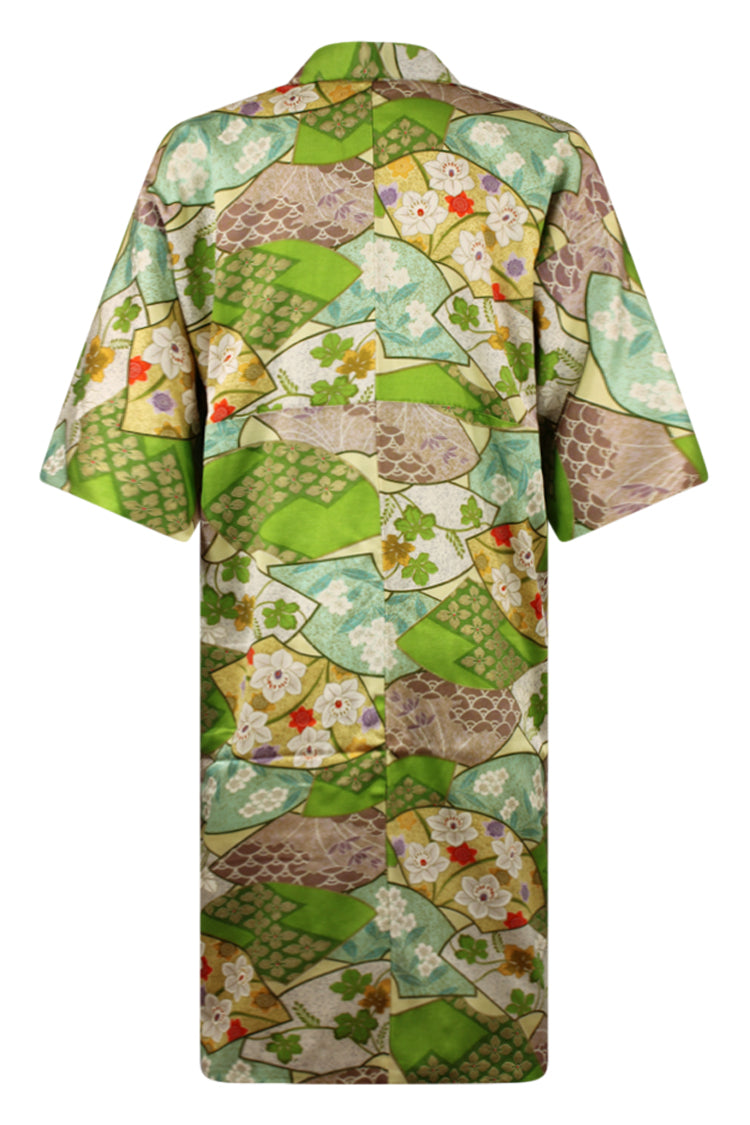 Fan design with gold detailing on green vintage kimono upcycled for modern wear