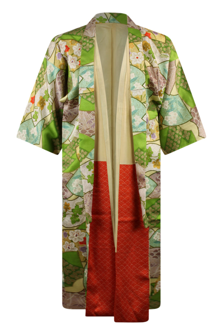 front of very fancy green vintage kimono refashioned for ease of wear