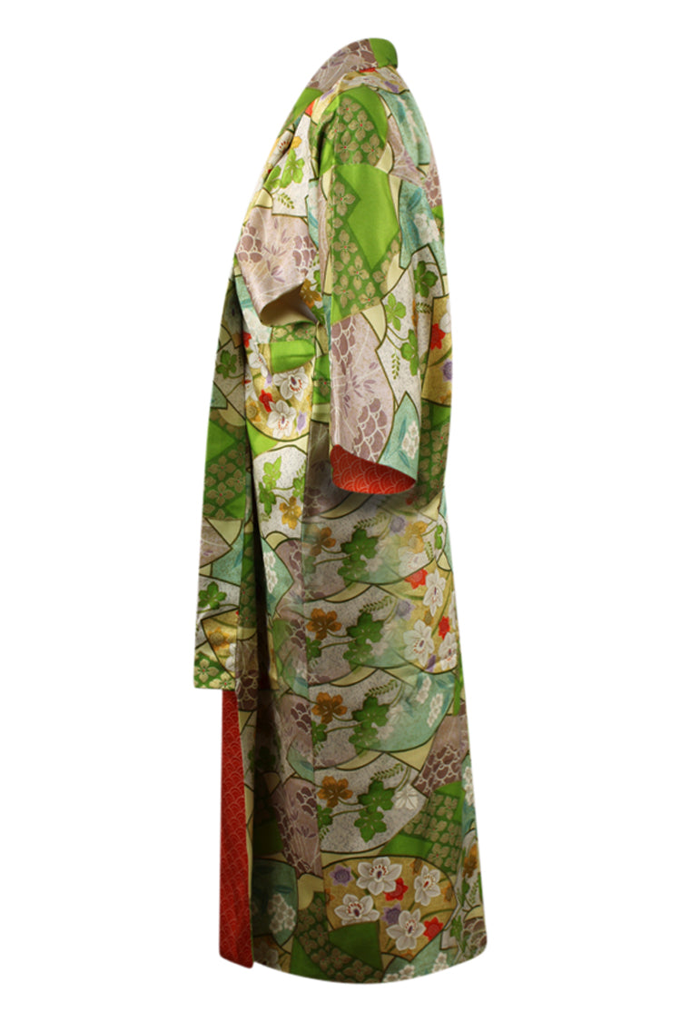 side view of refashioned green vintage kimono with reduced sleeves
