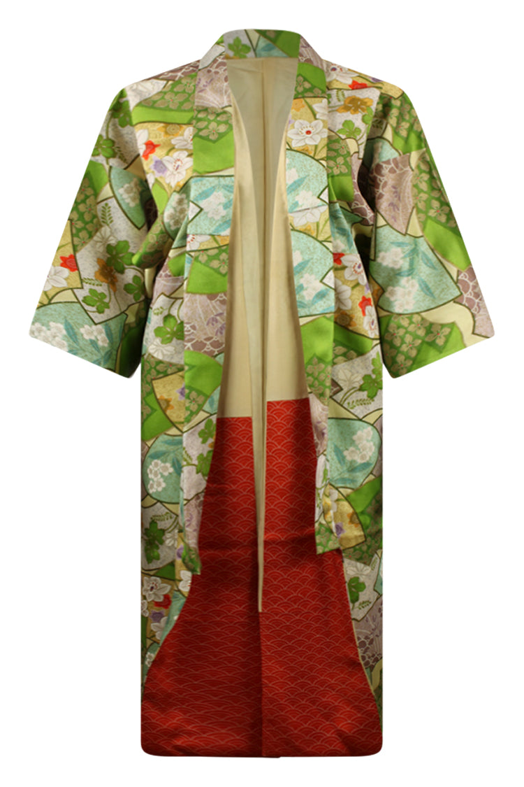 front view of green silk vintage kimono