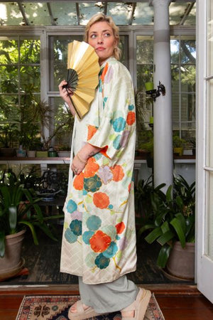 Pale turquoise silk kimono with gold embroidered flowers - Kiku 