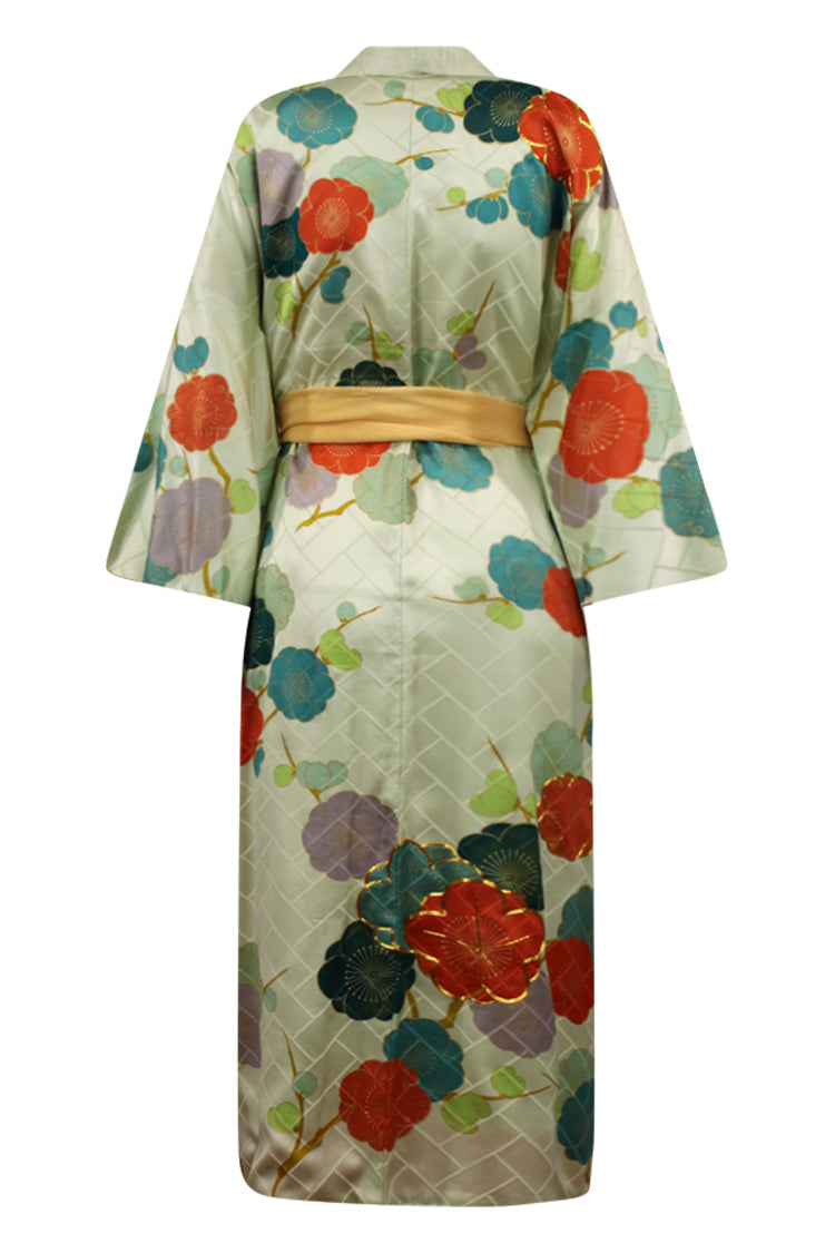 pale green updated vintage kimono with hand painted flowers 