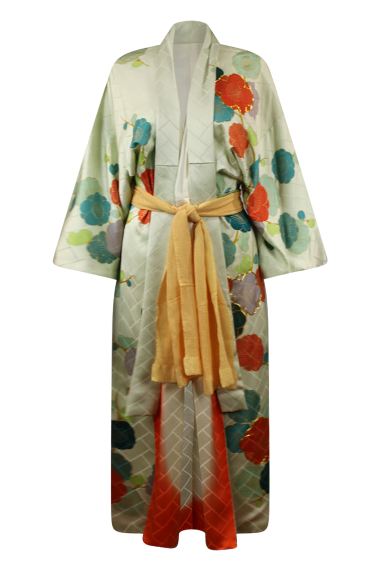 sashed pale green kimono with hand painted flowers