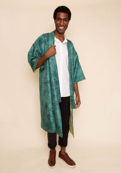 Turquoise silk kimono with abstract design - Kiku 