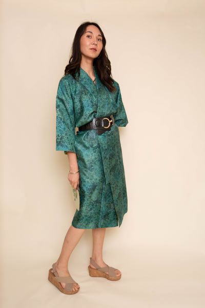 Turquoise silk kimono with abstract design - Kiku 