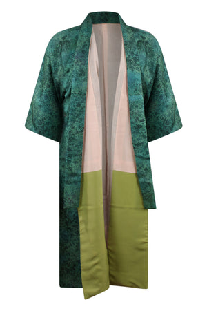 front of refashoned turquoise vintage kimono