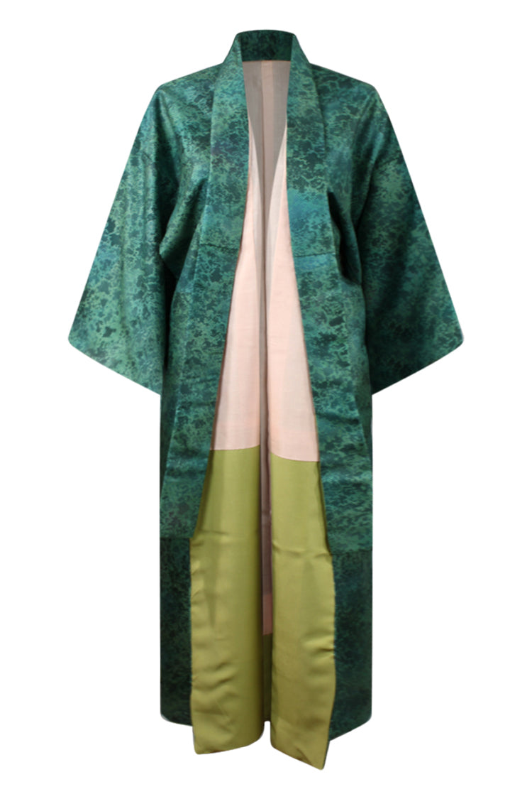 front view on small model of turquoise vintage kimono with reduced sleeves and shortened hem 