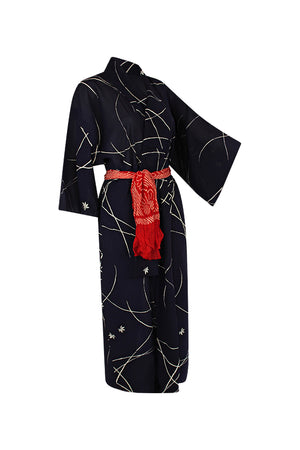 Navy blue summer silk kimono duster wrap with white flowers