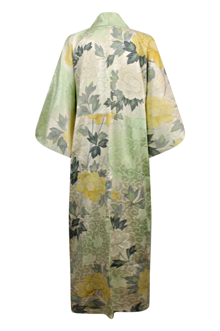 pale green vintage kimono with gold trimmed flowers