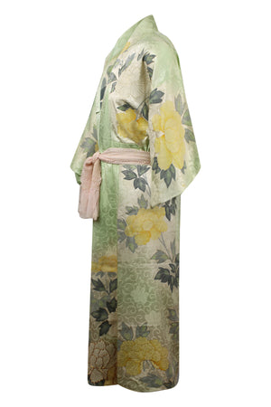 side view of upcycled vintage kimono in green floral silk