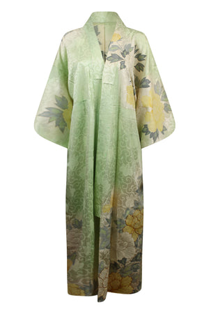 front view of refashioned unisex green kimono  on small model