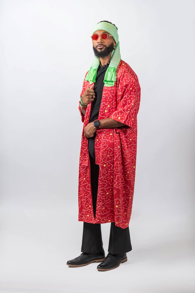 Coral  silk kimono coat with tie dyed design of yellow and orange dots