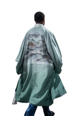 Sea green silk kimono robe with hand painted village scene