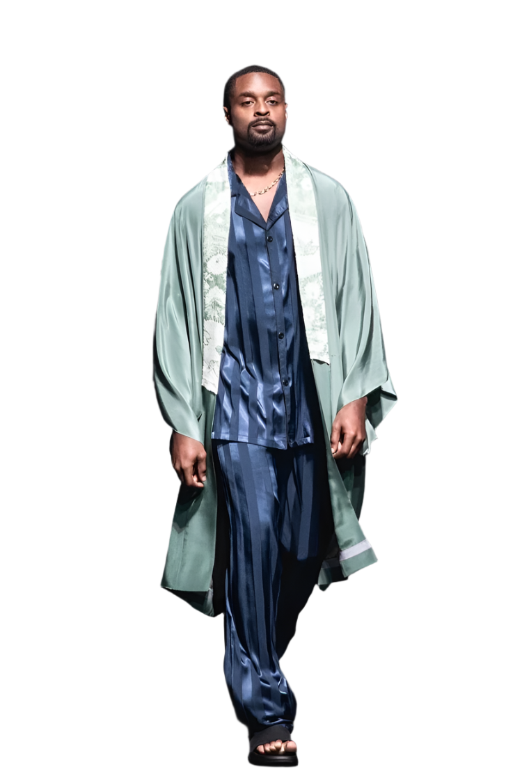 Sea green silk kimono robe with hand painted village scene