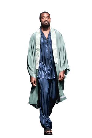 Sea green silk kimono robe with hand painted village scene