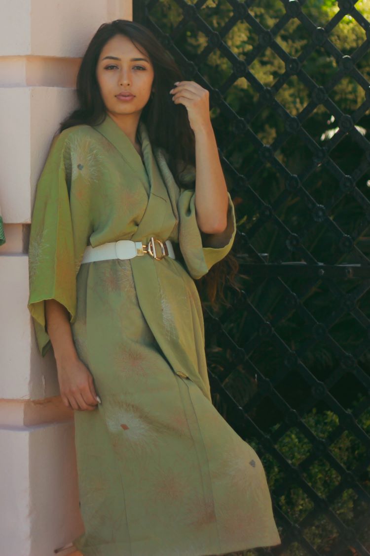 Olive green kimono duster with woven metallic flowers Olive green kimono duster with woven metallic flowers