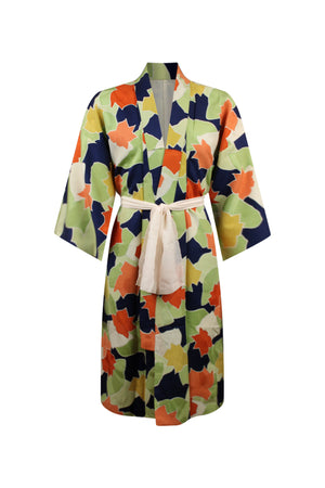 Colorful refashioned kimono with white silk sash