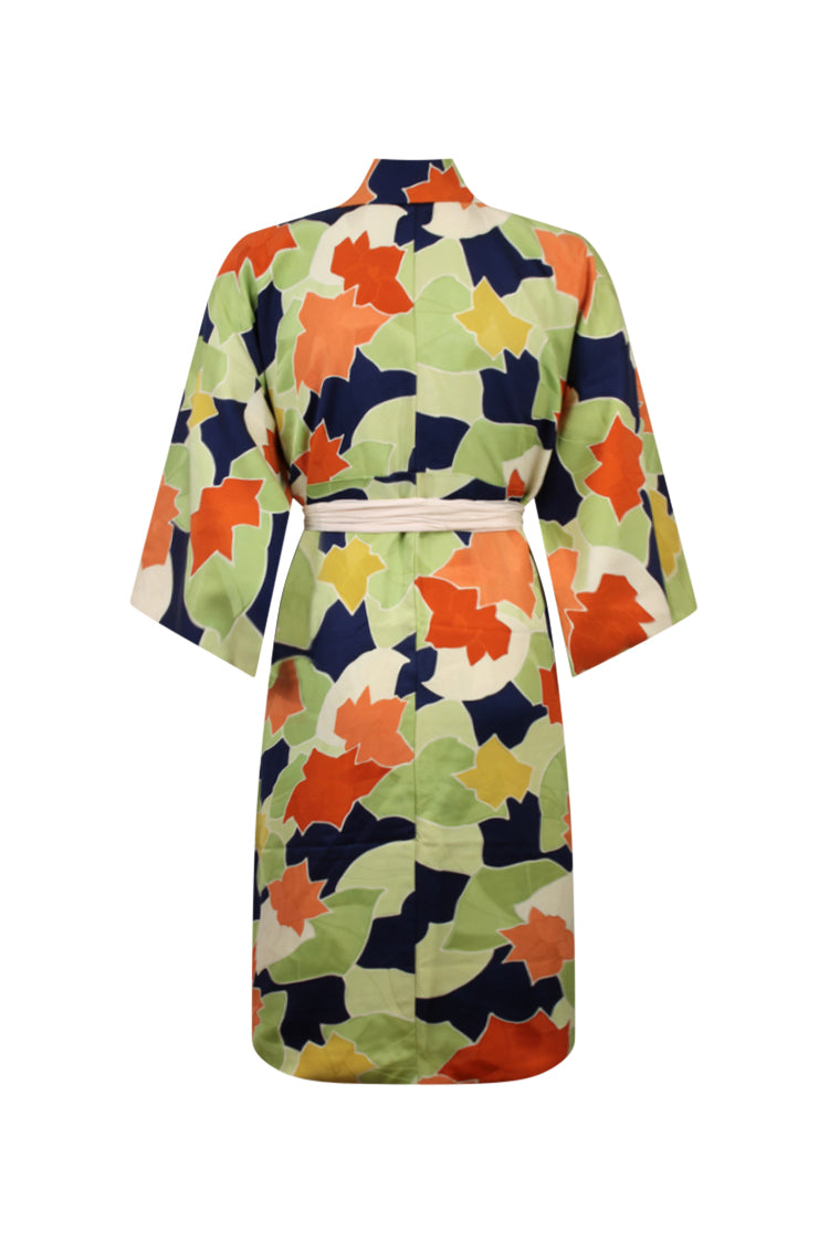 back view of sashed colorful kimono