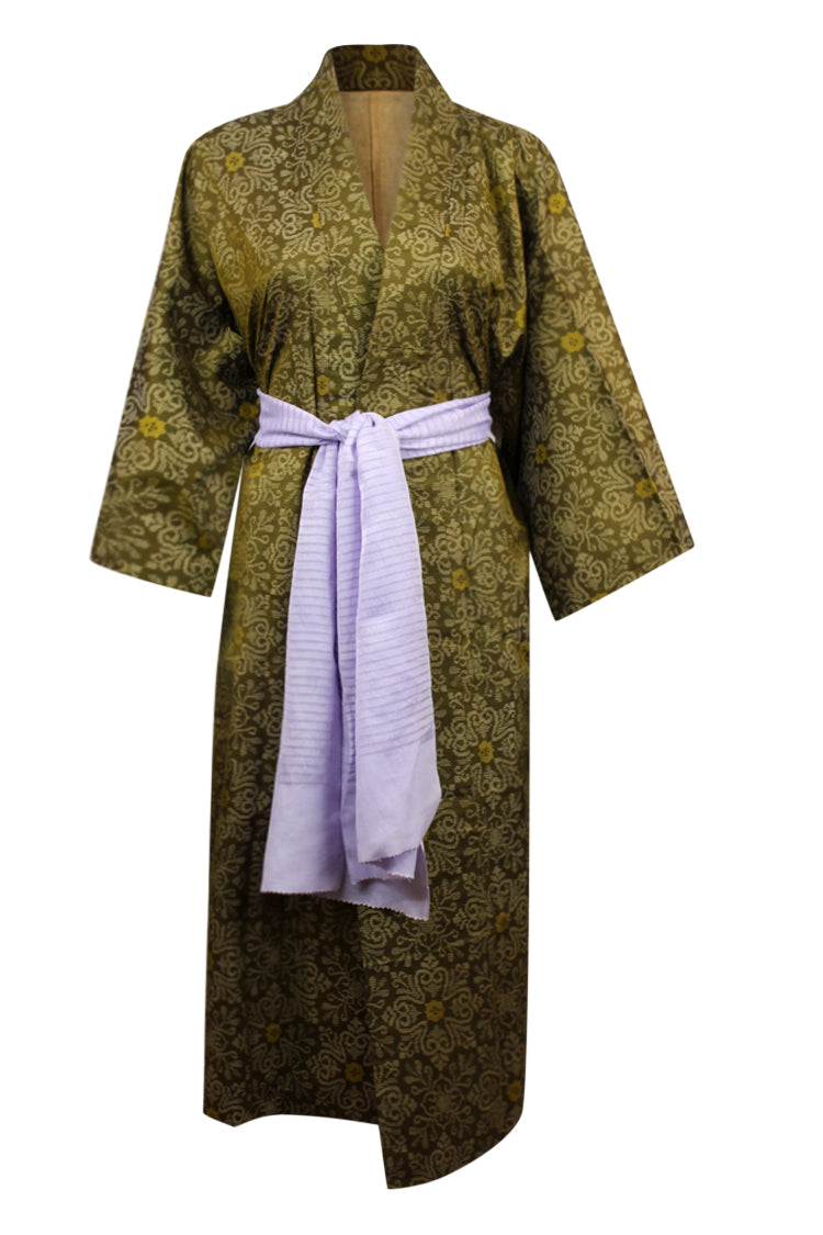 front of brown authentic kimono on female model refashioned for today