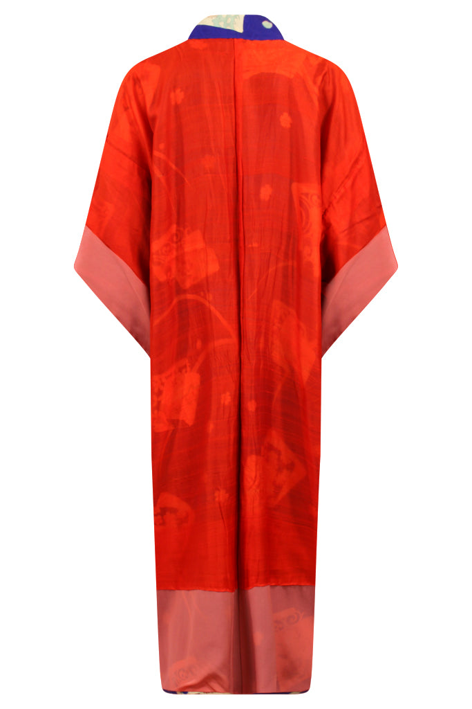 Blue kimono duster with hand painted traditional design