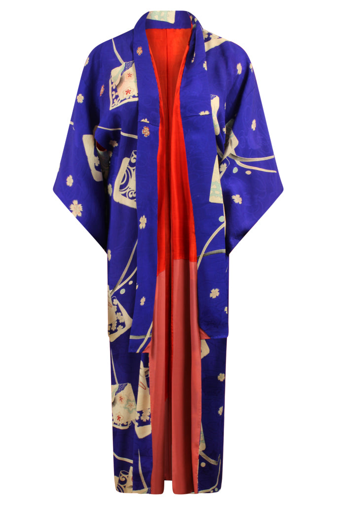 Blue kimono duster with hand painted traditional design